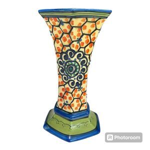Tula Czechoslovakian Ditmar Urbach Cobalt Eye Dot Hand Painted Vase 10”